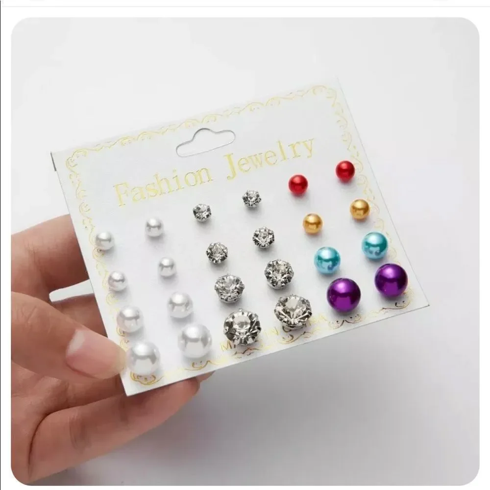 12 Pairs Of Zirconia Crystal Pearl Earrings Set - Picture 6 of 6